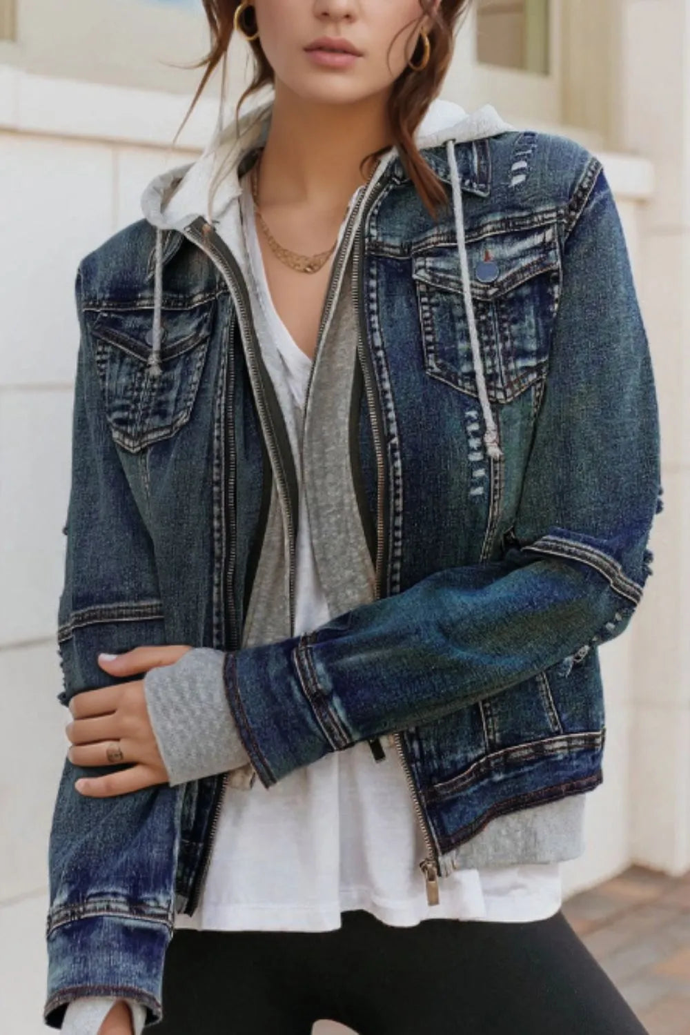 Fake Two-Piece Hooded Zip-Up Denim Jacket 