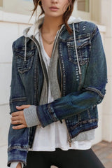 Fake Two-Piece Hooded Zip-Up Denim Jacket 