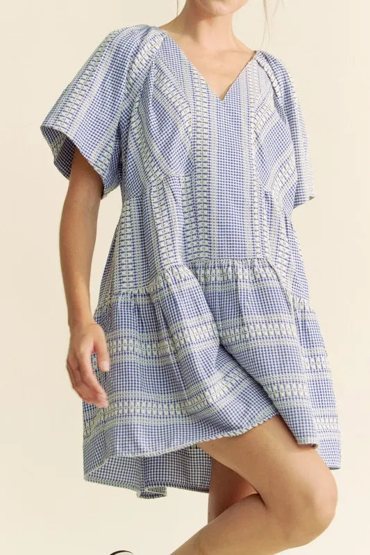 Davi & Dani Embroidered Stripe Ruffled Gingham Mini Dress 