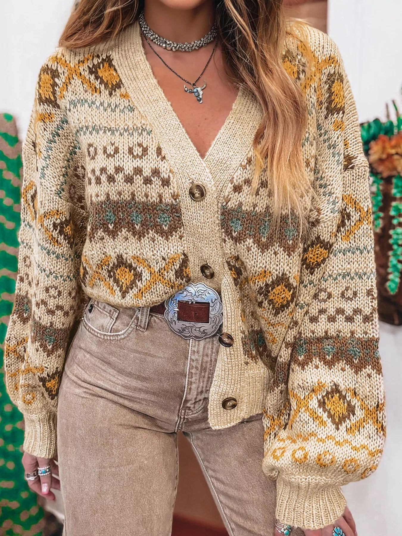 Western Pattern Knitted Button V Neck Cardigan Sweater 
