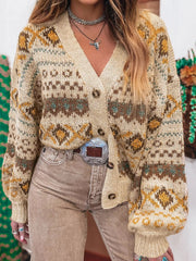 Western Pattern Knitted Button V Neck Cardigan Sweater 