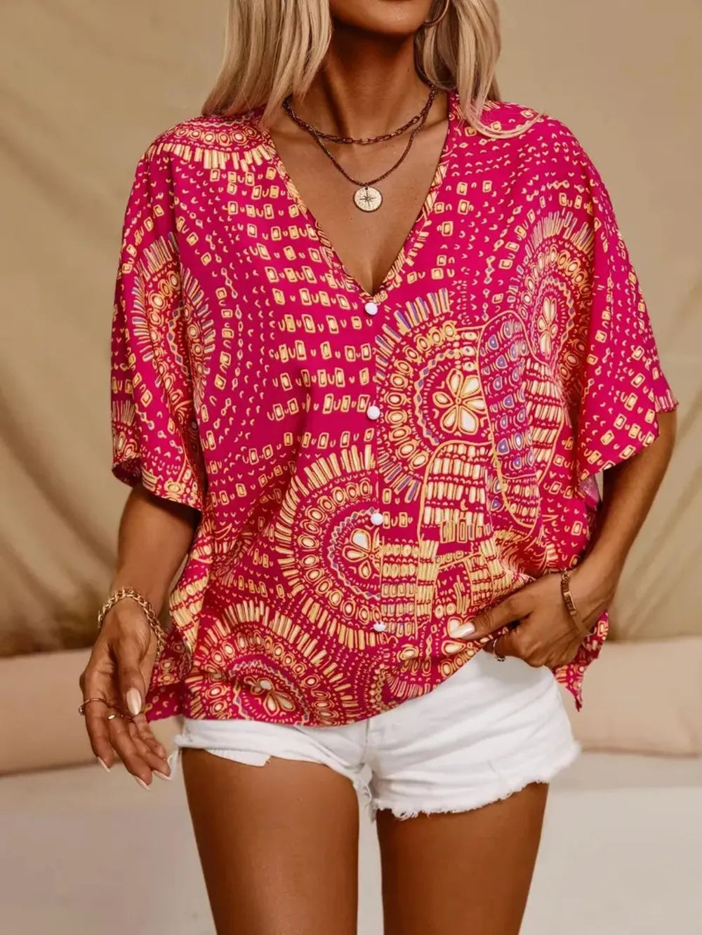 Printed V-Neck Half Sleeve Top 