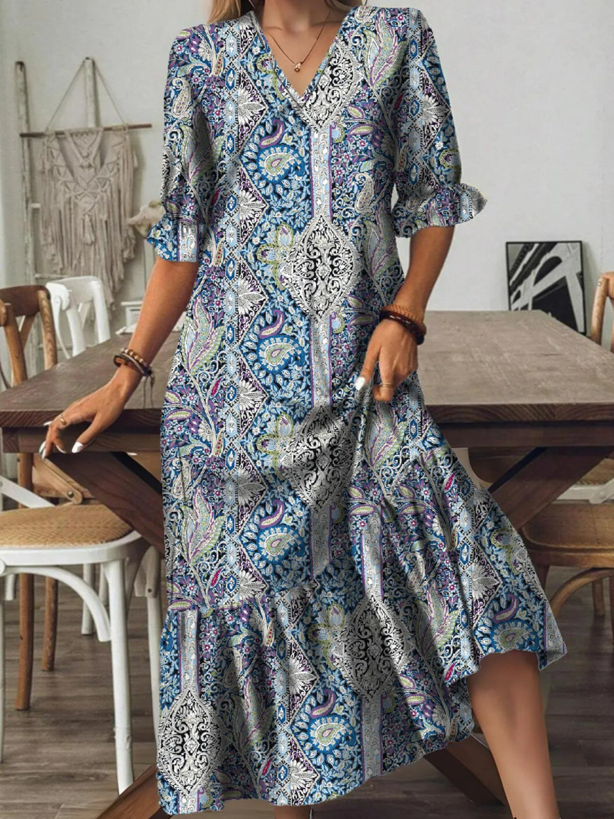 Full Size Bohemian Paisley Print V-Neck Midi Dress Plus Size 