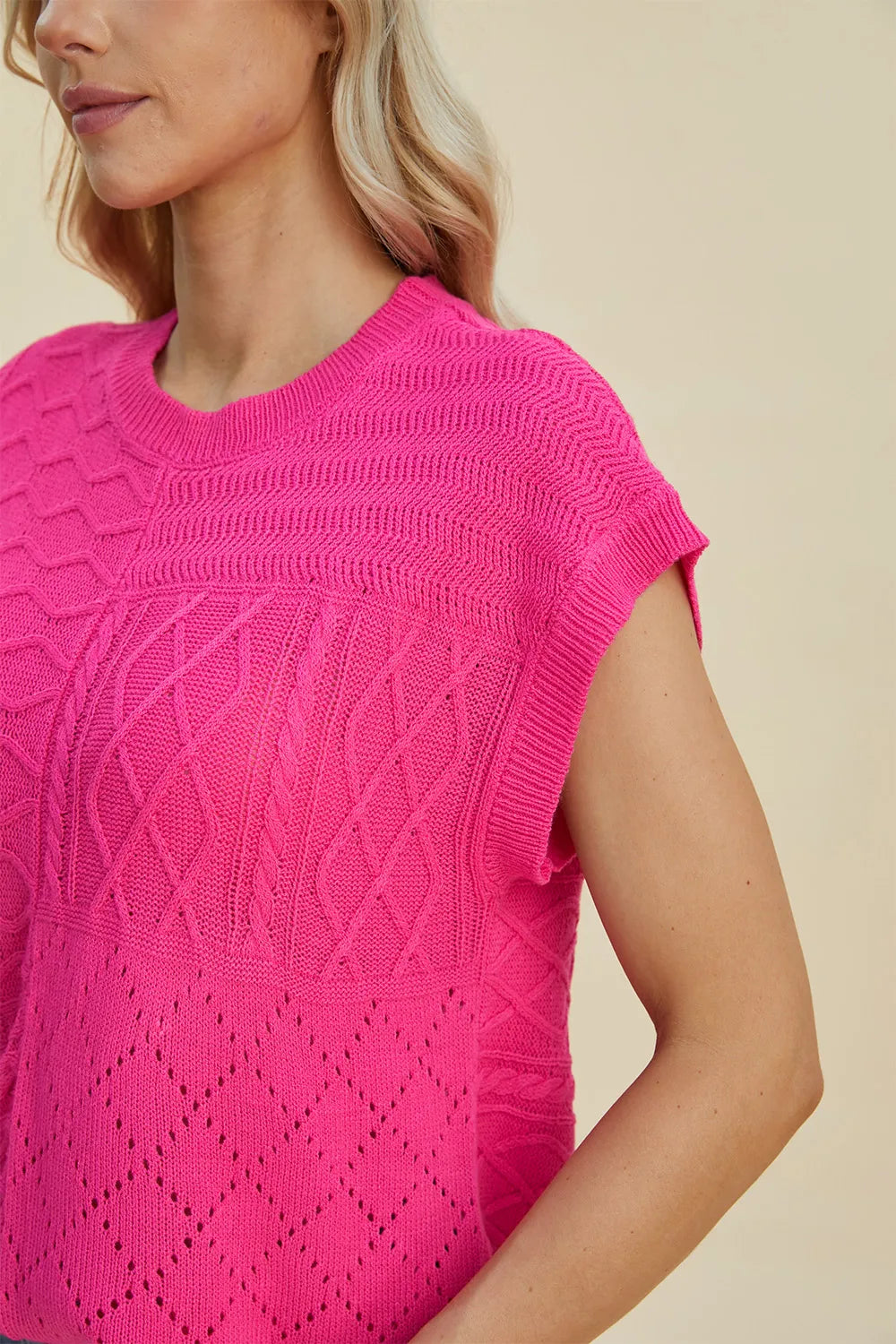 Double Take Full Size Cable-Knit Round Neck Cap Sleeve Sweater 