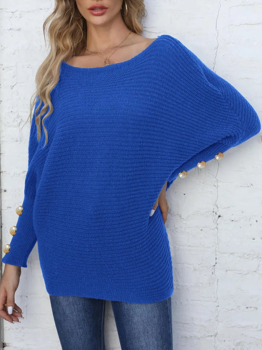 Full Size Boat Neck Long Sleeve Sweater 