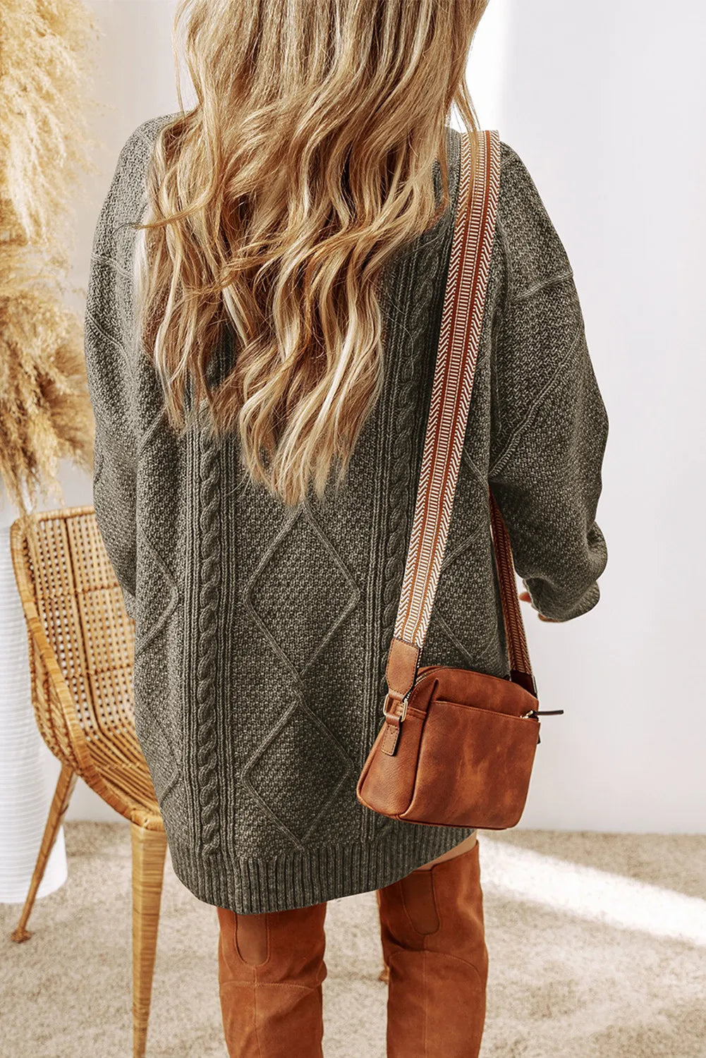 Cable-Knit Round Neck Sweater Dress 