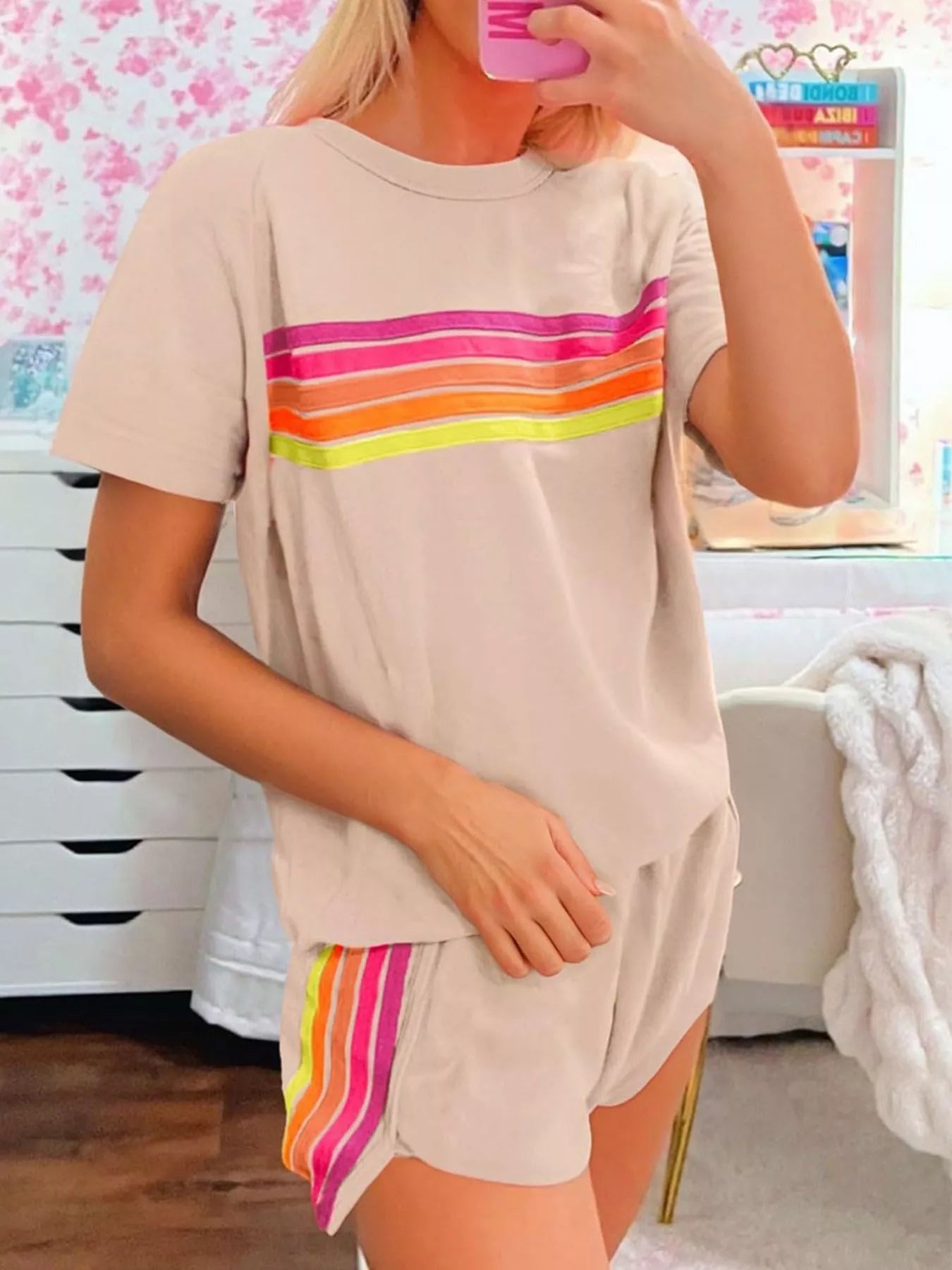 Rainbow Striped Round Neck Top and Shorts Set 