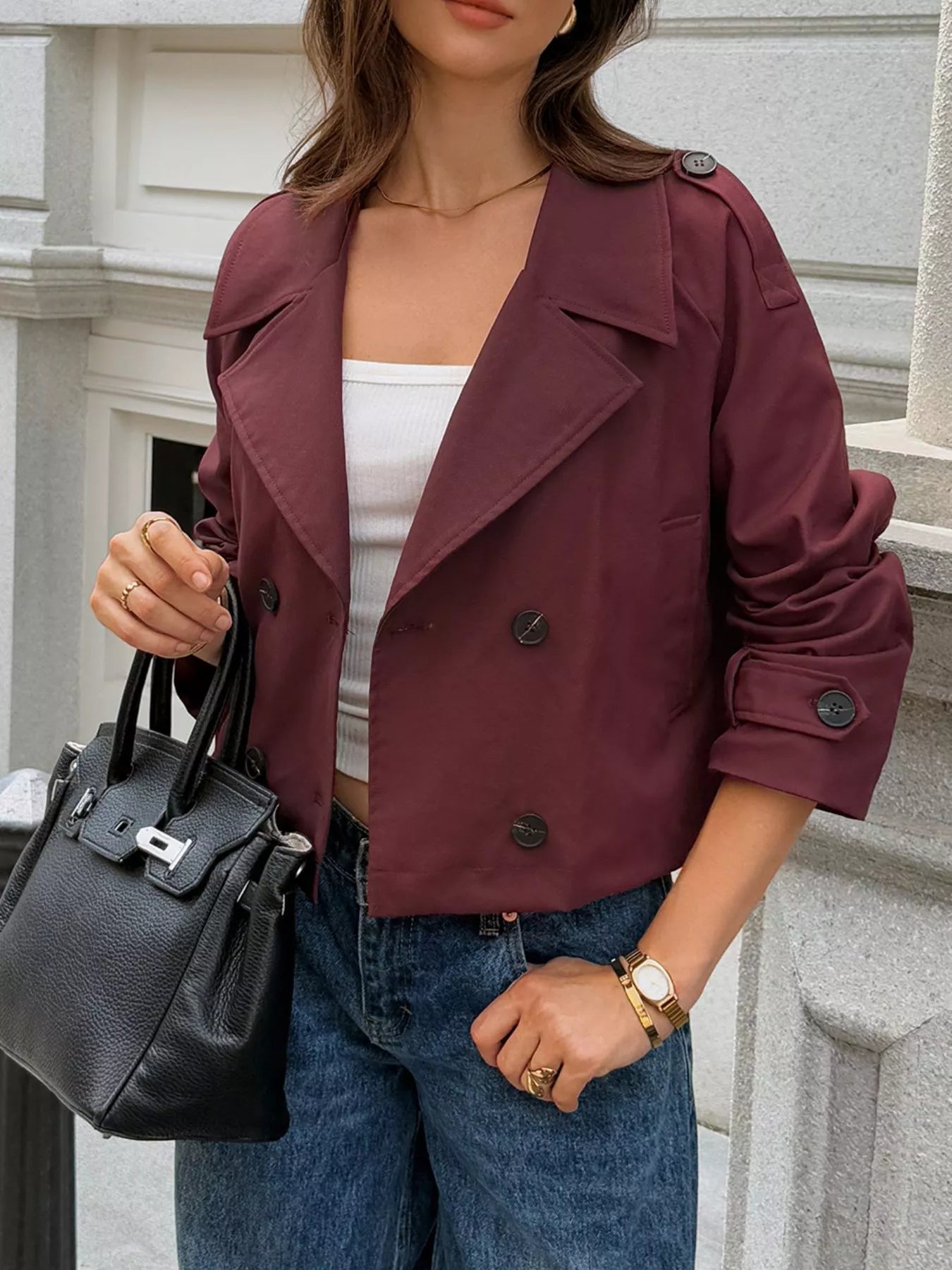 Cropped Double-Breasted Raglan Sleeve Jacket 