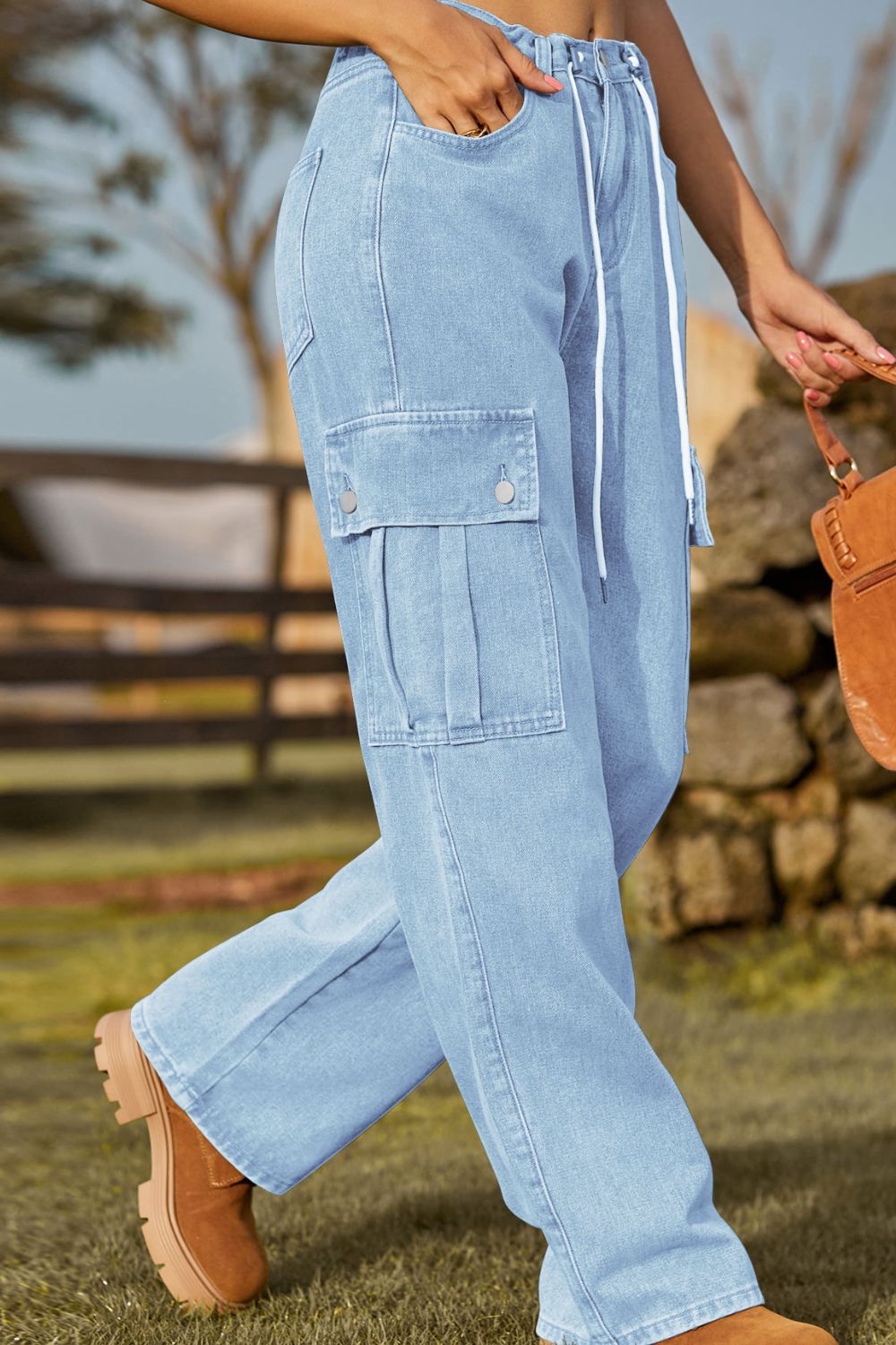 Loose Fit Drawstring Jeans with Pocket 