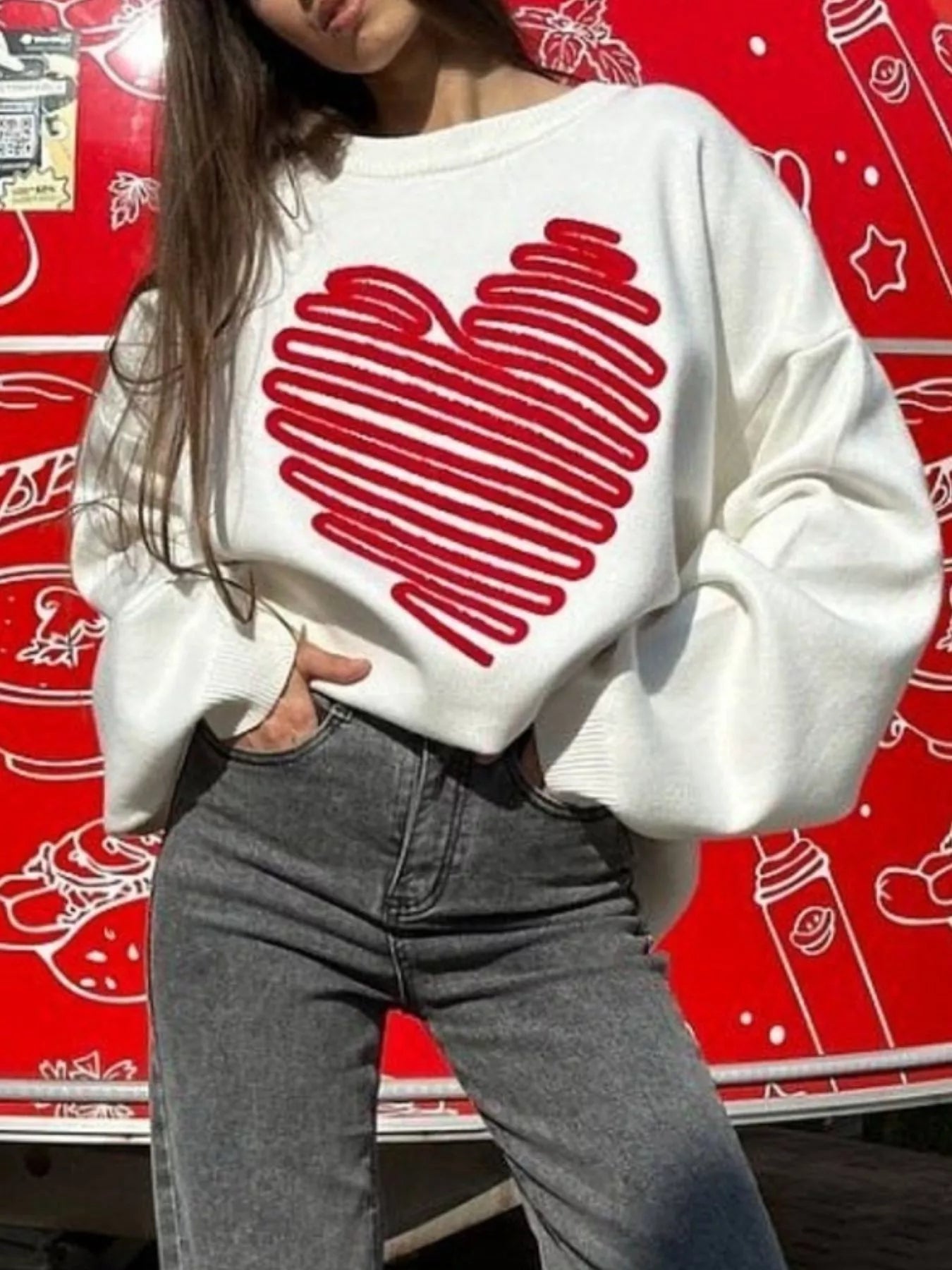Heart Round Neck Oversized Sweater 