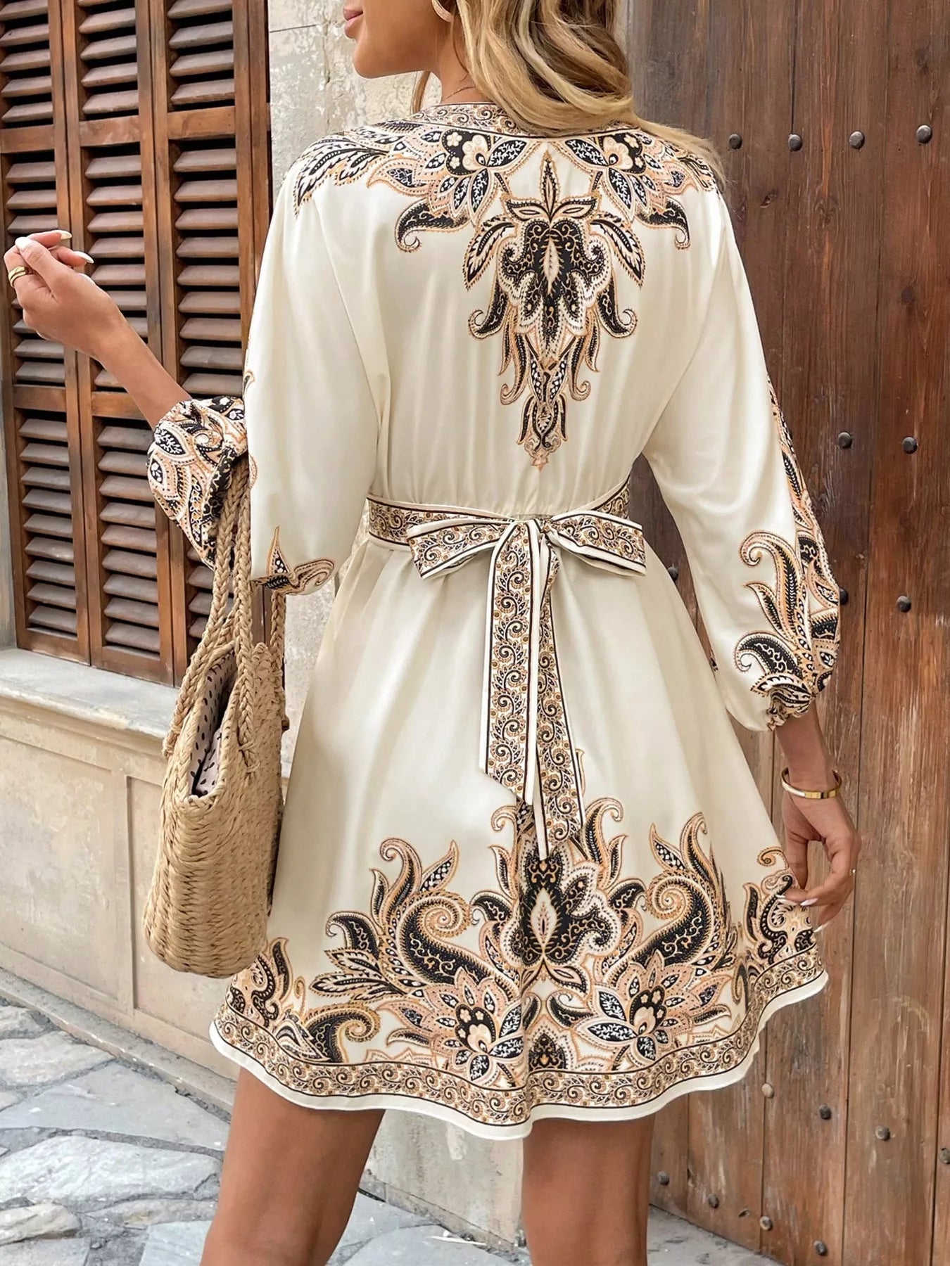 Printed Balloon Sleeve Mini Dress 