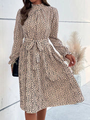 Animal Print Mock Neck Flounce Sleeve Dress 