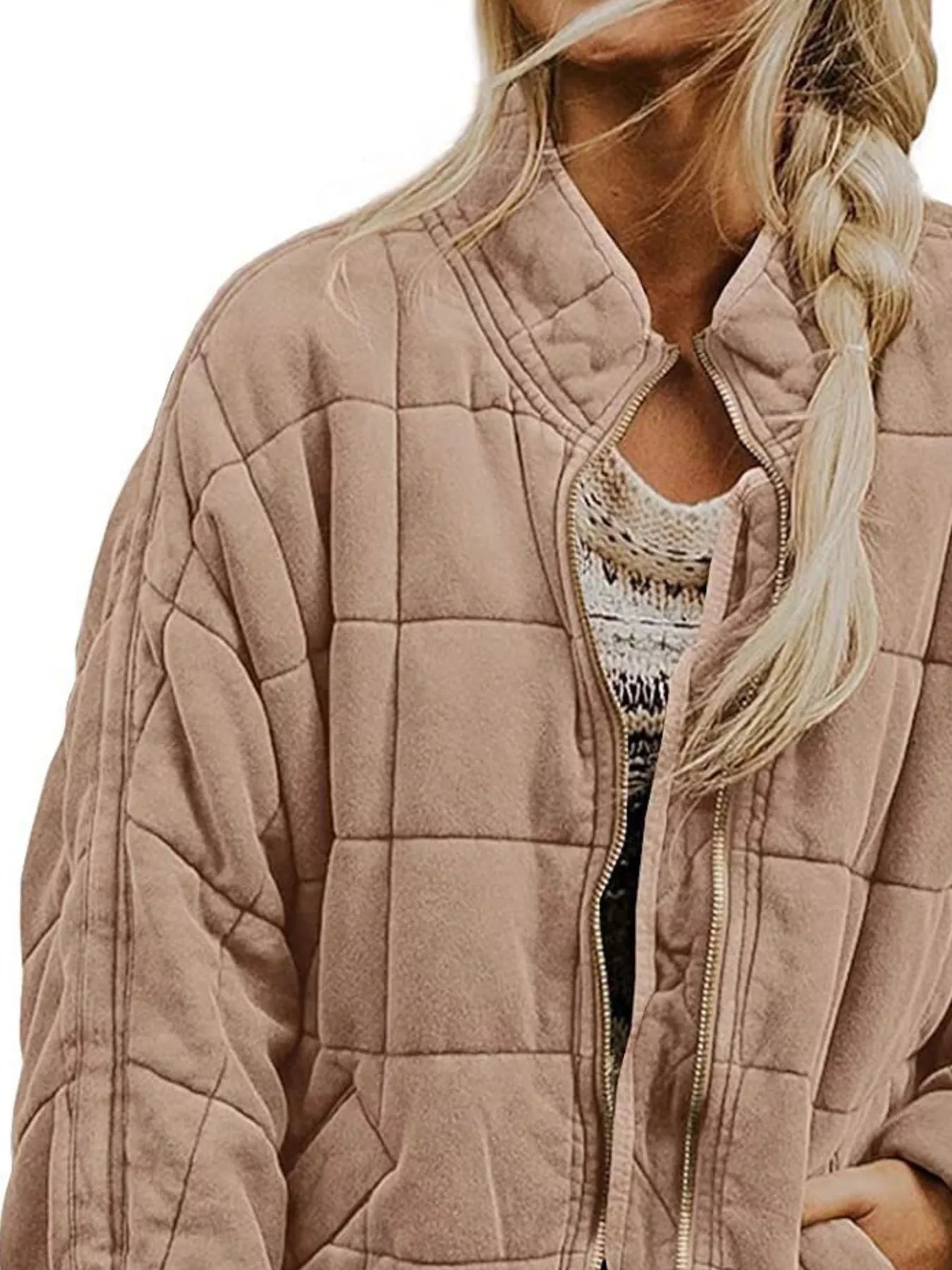 Full Size Zip Up Quilted Bomber Jacket Plus Size 