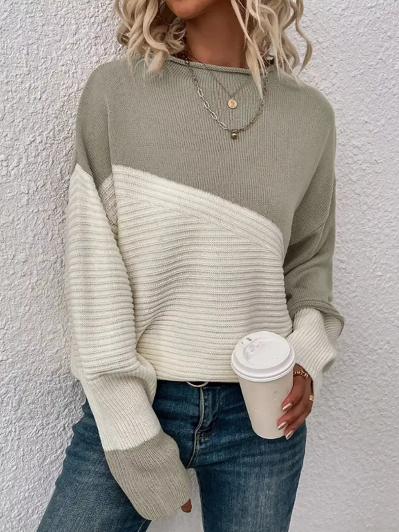 Color Block Ribbed Knit Sweater 