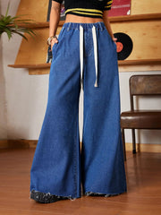 Wide Leg Drawstring Waist Ripped Hem Jeans 