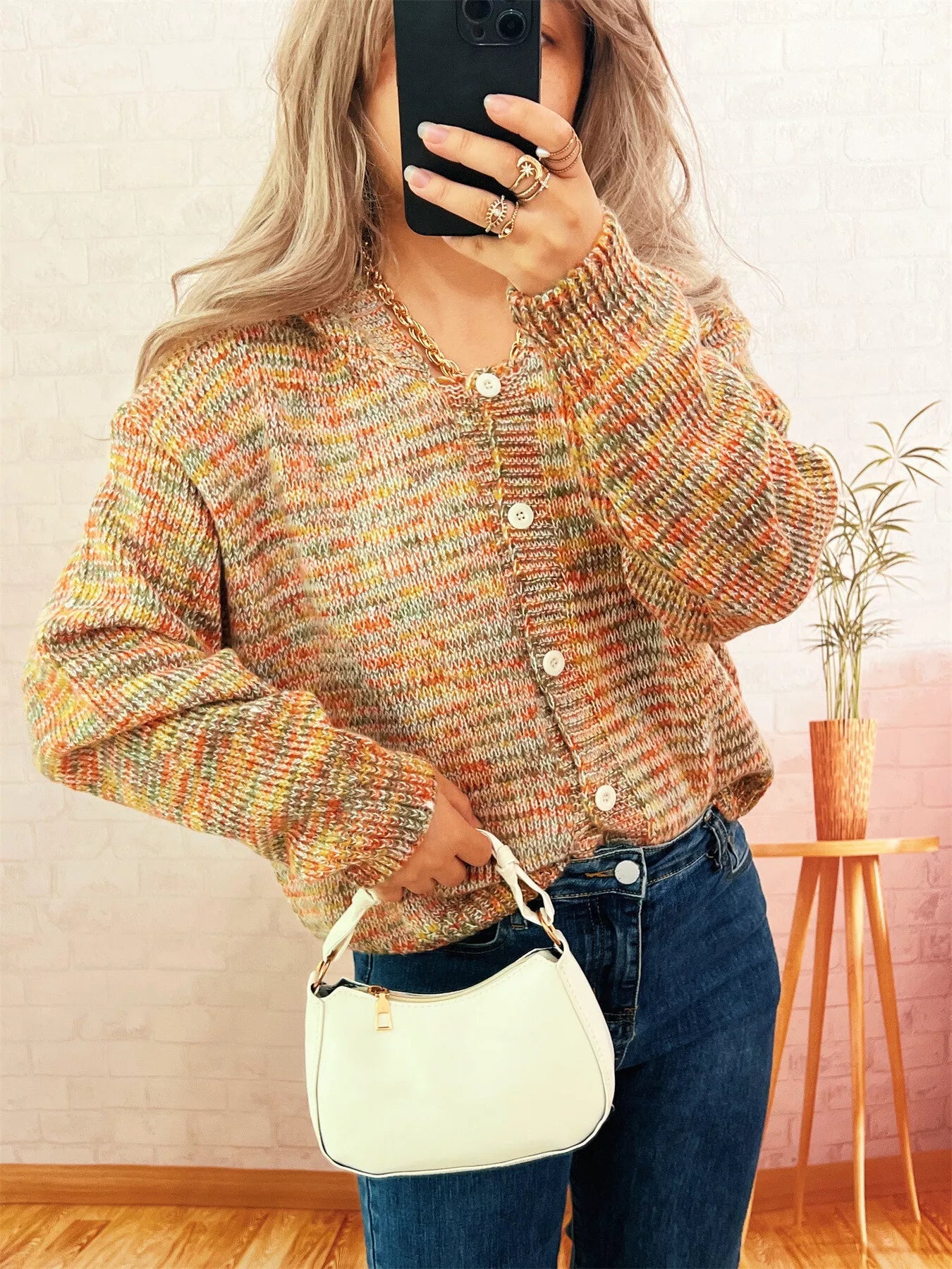 Multi-Colored Knit Button-Down Cardigan 