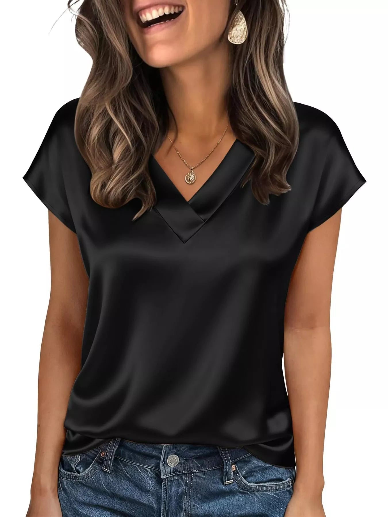 Satin V-Neck Cap Sleeve Blouse 
