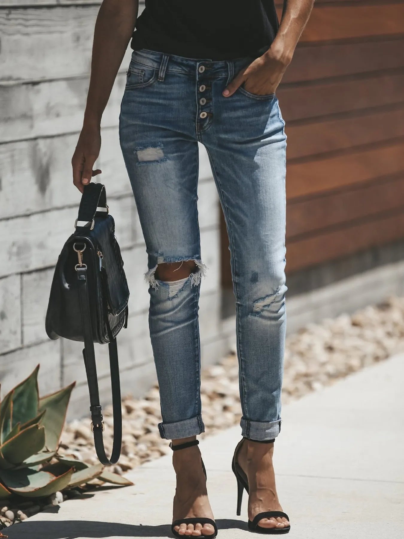 Distressed Button-Fly Skinny Jeans 