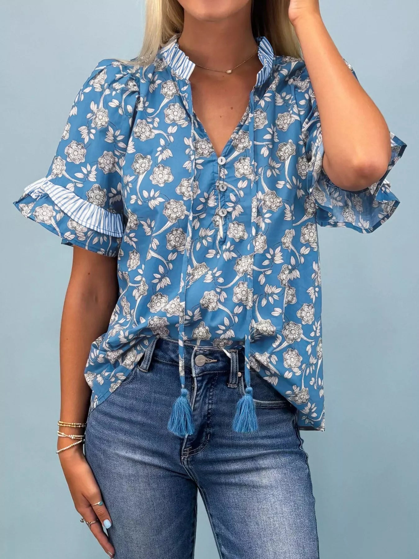 Floral Print Ruffle Sleeve Blouse 