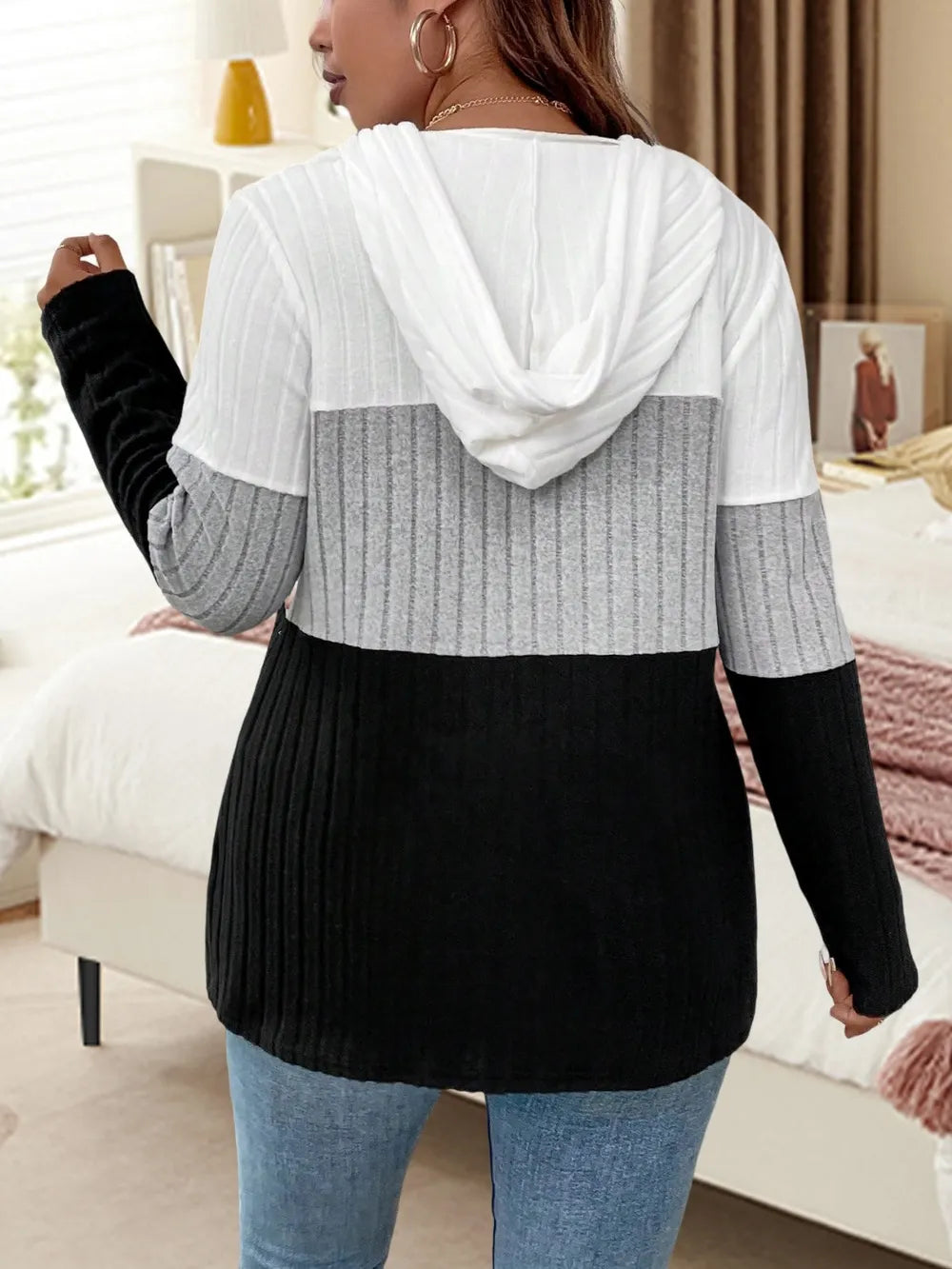 Plus Size Drawstring Color Block Long Sleeve Hooded Top 