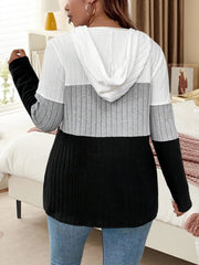 Plus Size Drawstring Color Block Long Sleeve Hooded Top 