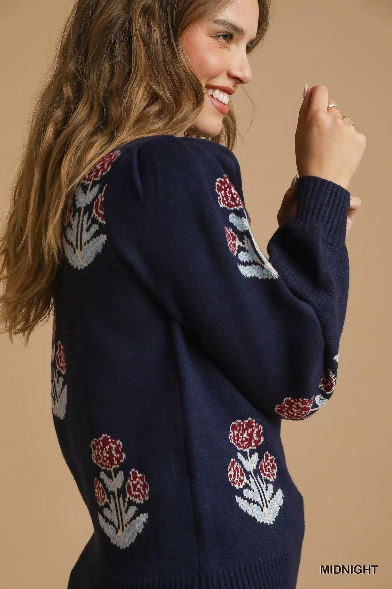 Umgee Floral Knit Sweater with Puff Sleeves 