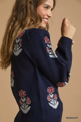 Umgee Floral Knit Sweater with Puff Sleeves 