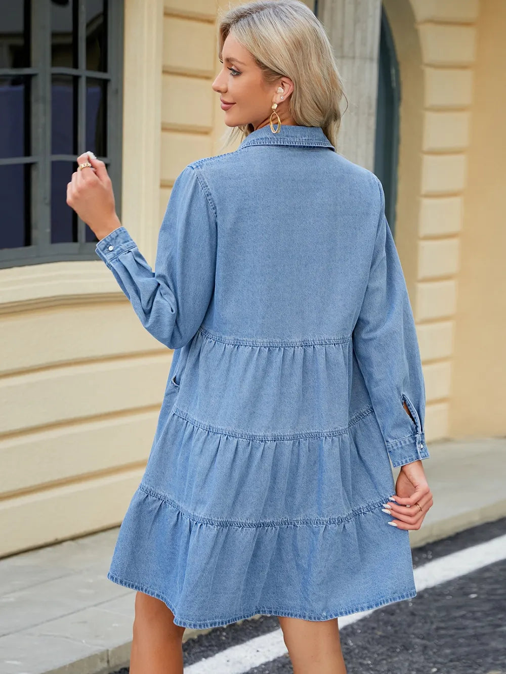 Tiered Button Up Long Sleeve Denim Dress 