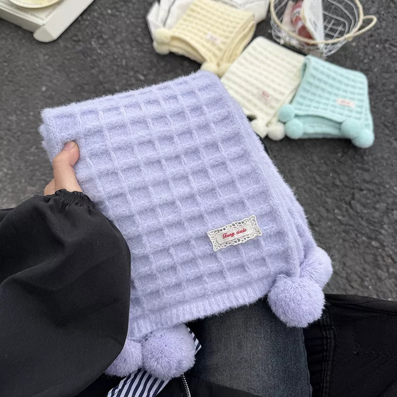 Waffle Knit Pom-Pom Scarf 