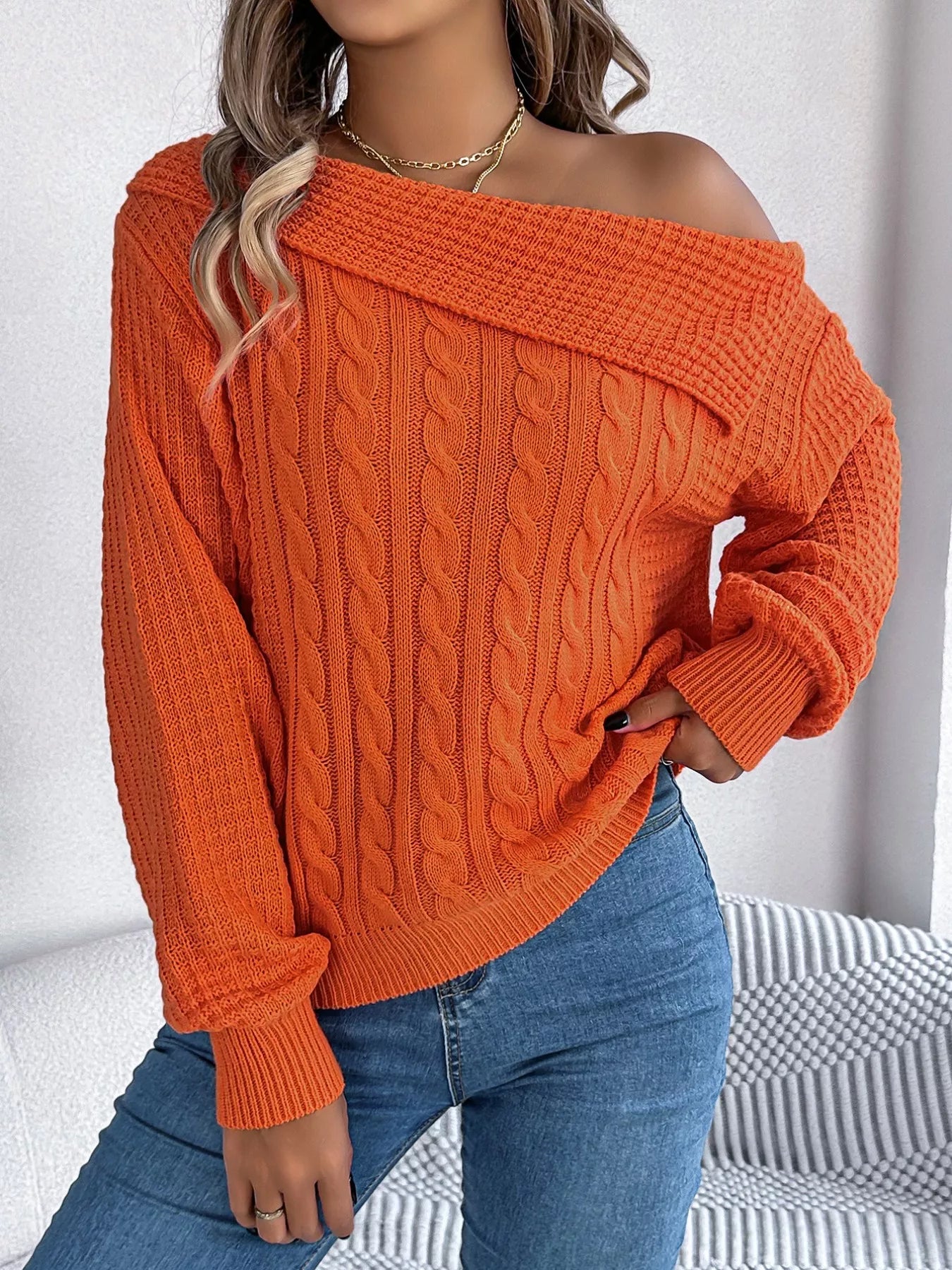 Off-Shoulder Cable Knit Sweater 