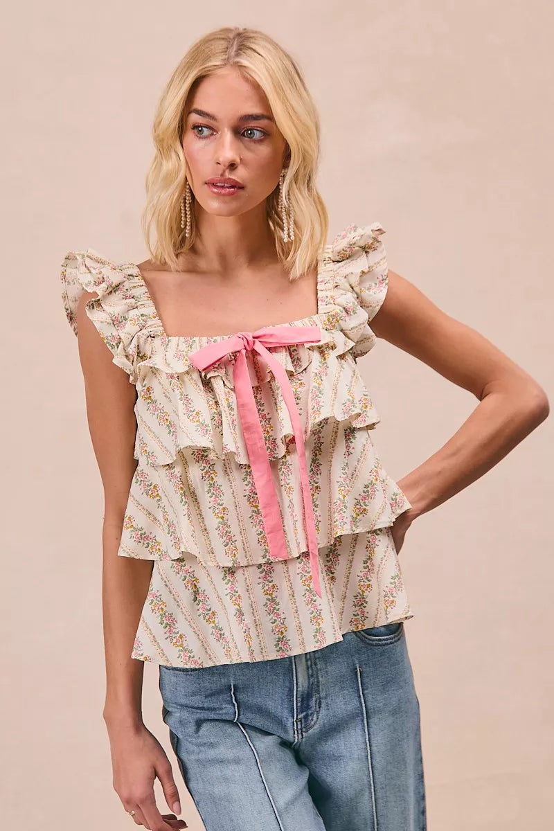 BiBi Floral Printed Woven Front Bow Tied Ruffled Square Neck Sleeveless Top 