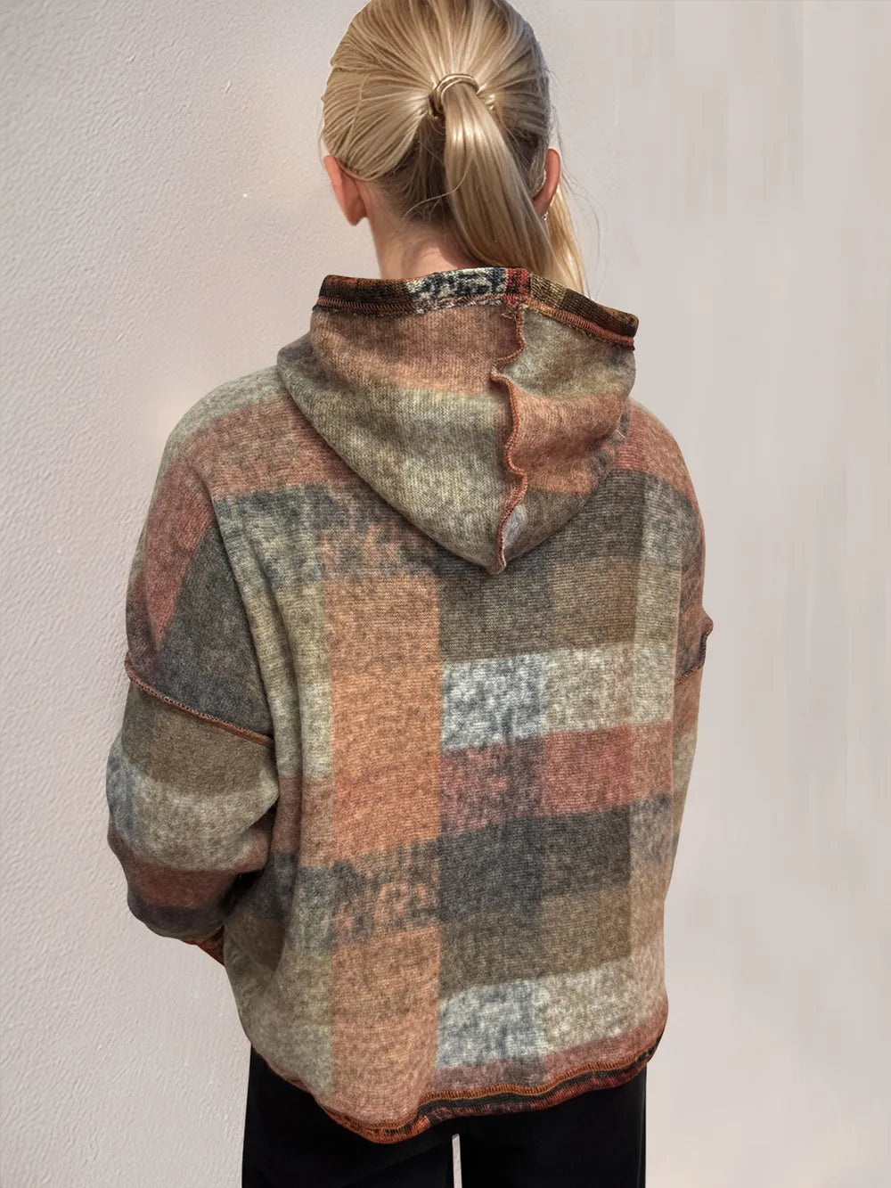 Double Take Full Size Plaid Dropped Shoulder Fleece Hoodie 