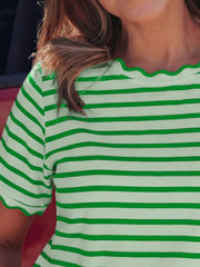 Striped Scallop-Trimmed Round Neck T-Shirt 