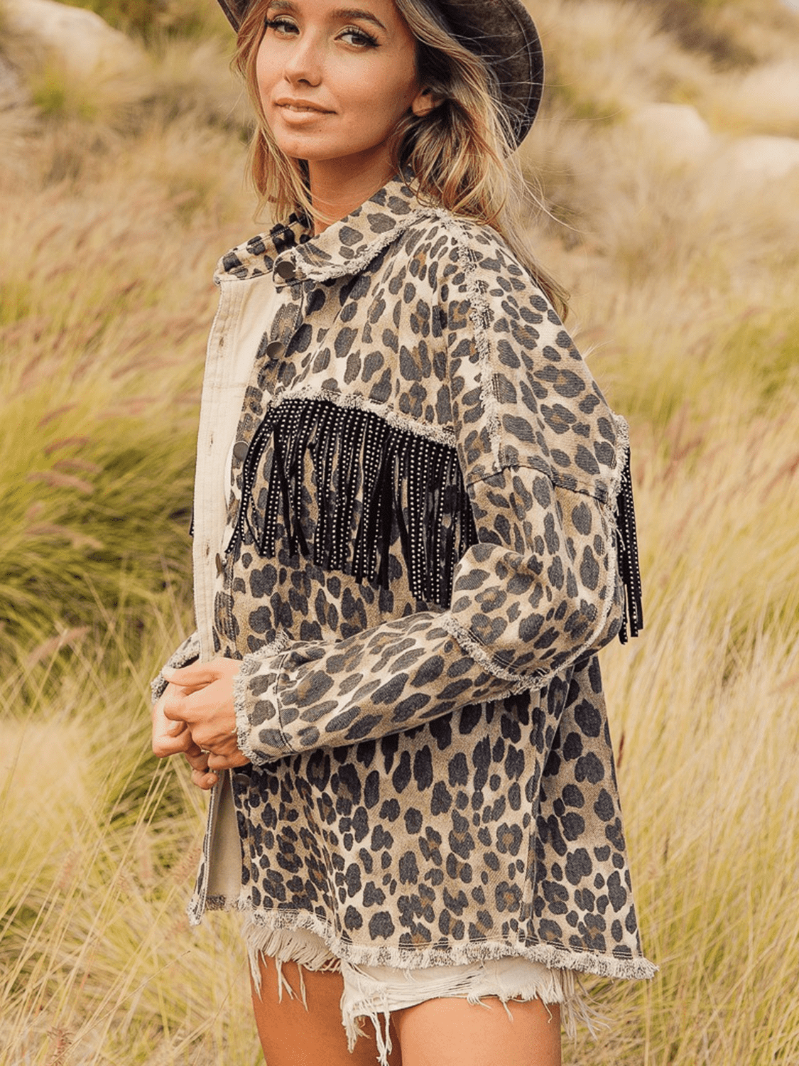 Leopard Fringe Detail Collared Neck Denim Jacket 