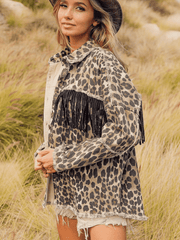 Leopard Fringe Detail Collared Neck Denim Jacket 