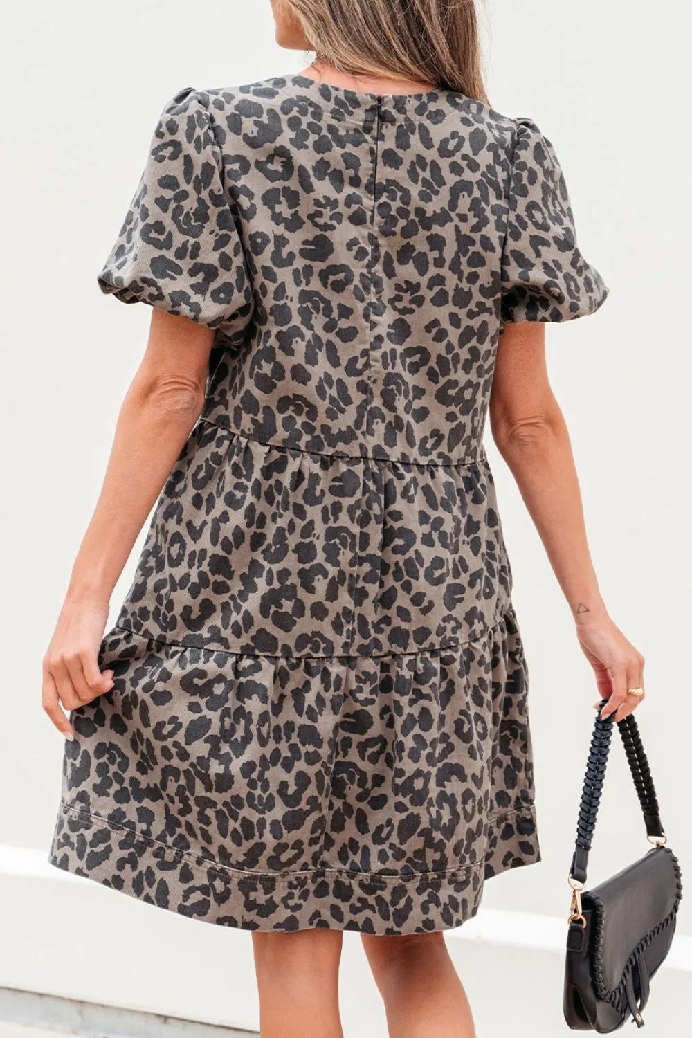 Leopard Round Neck Puff Sleeve Denim Dress 