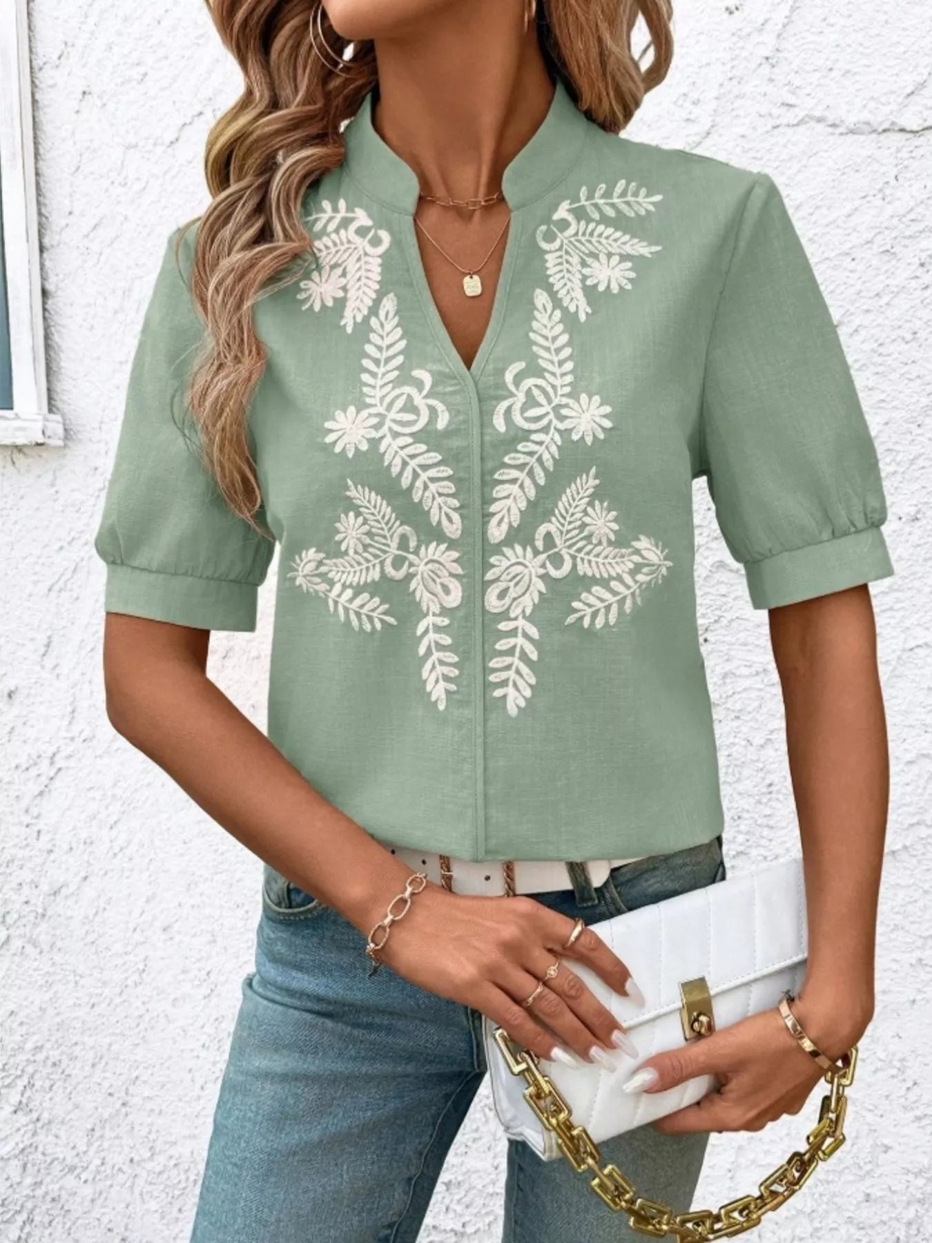 Embroidered Notched Short Sleeve Blouse 