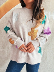 Sequin Flower Round Neck Long Sleeve Sweater 
