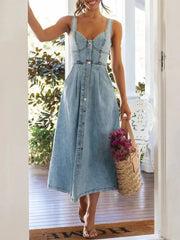 Sweetheart Neck Button-Front Midi Denim Dress 