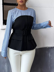 Striped Long Sleeve Blouse with Bow Tie 