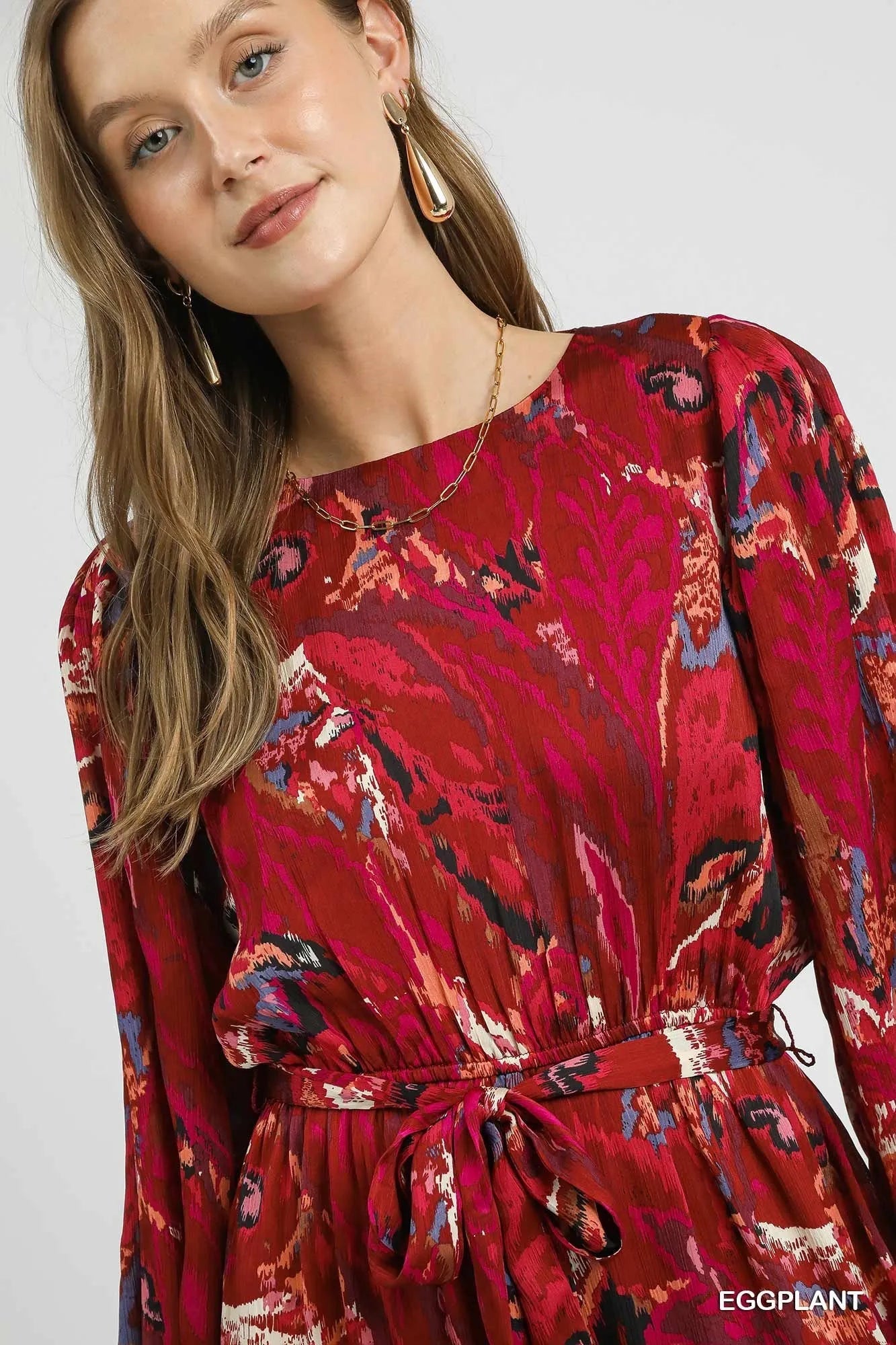 Umgee Ruffled Hem Printed Balloon Sleeve Dress 