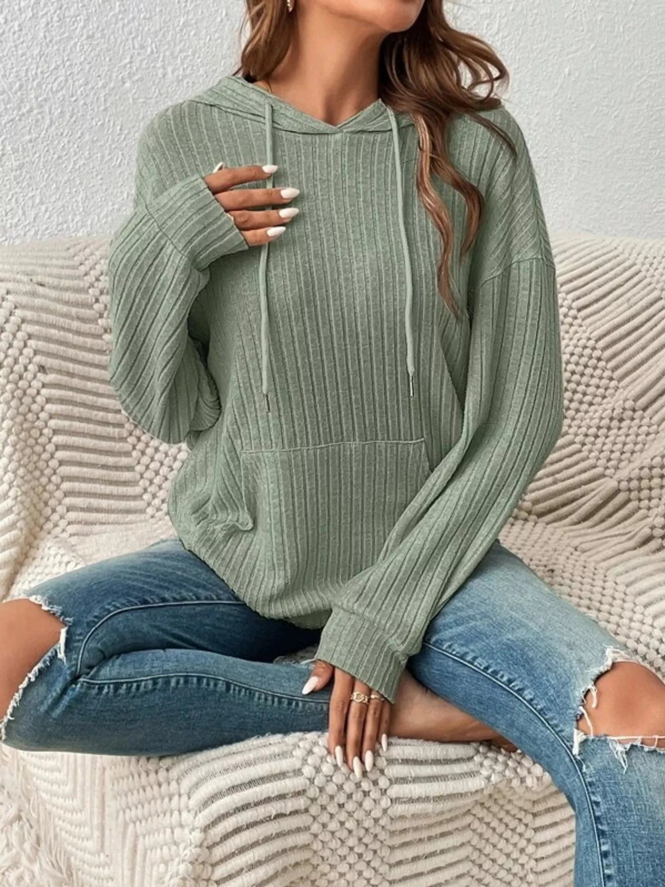 Casual Ribbed Knit Drawstring Hoodie 