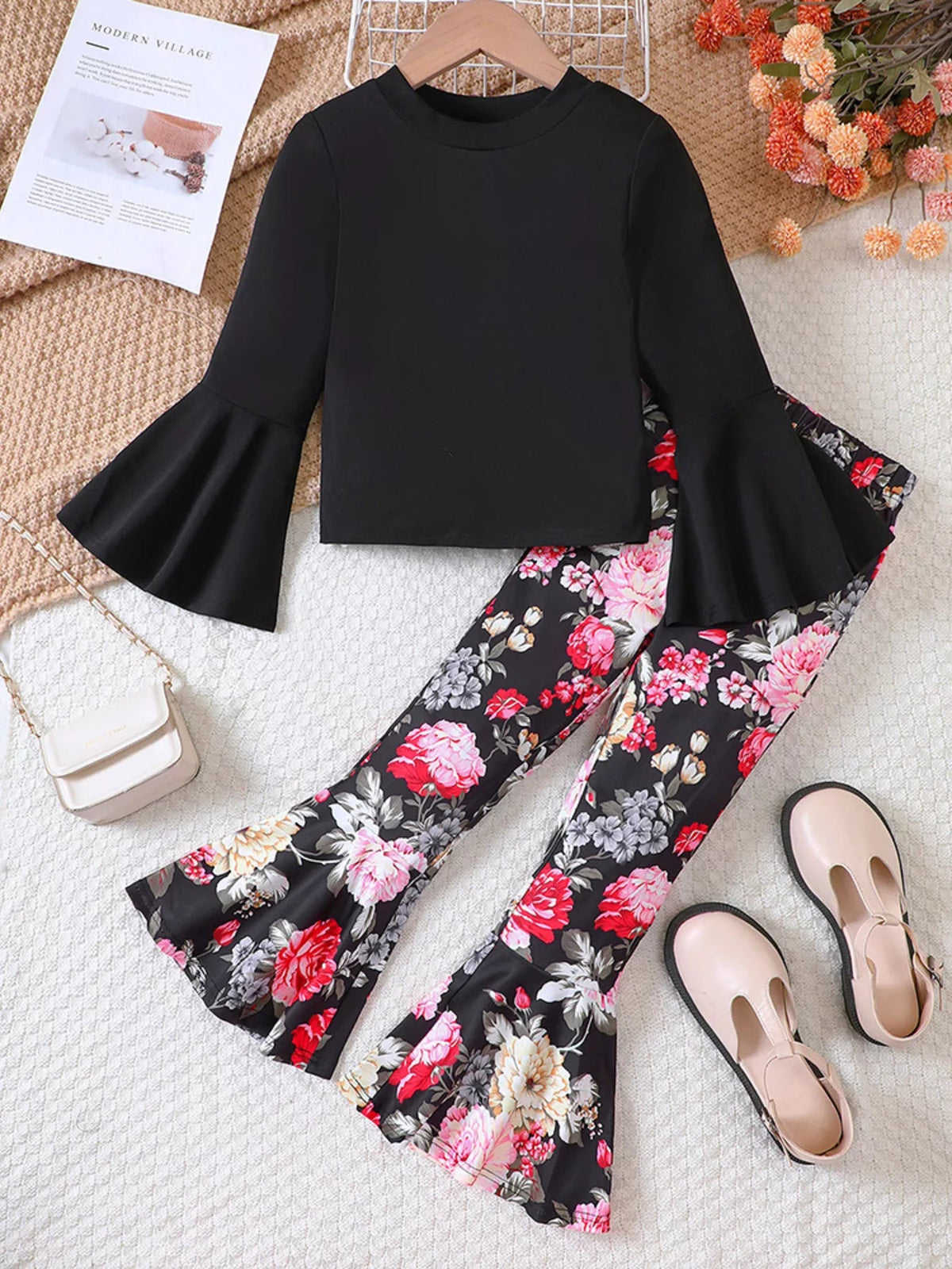 Children's Solid Top & Floral Flare Pants Set 