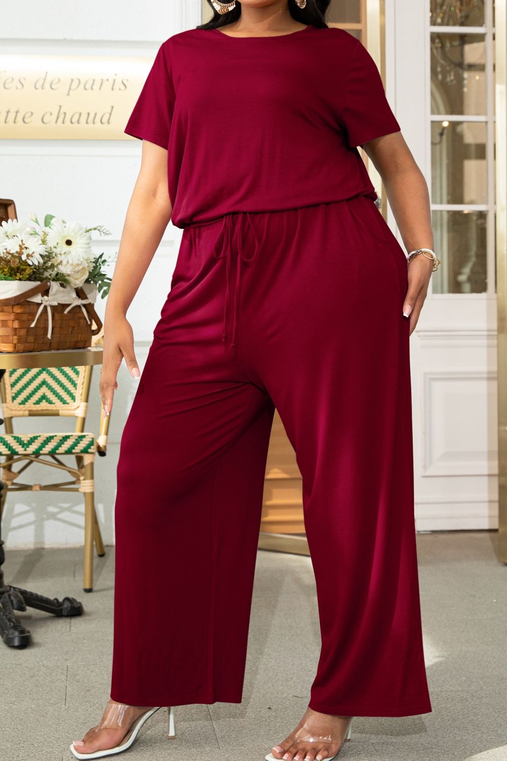 Plus Size Drawstring Waist Short Sleeve Jumpsuit 