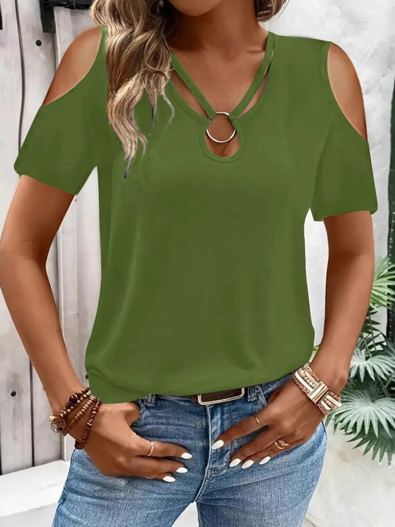 Cold Shoulder T-Shirt with Metal Ring Detail 