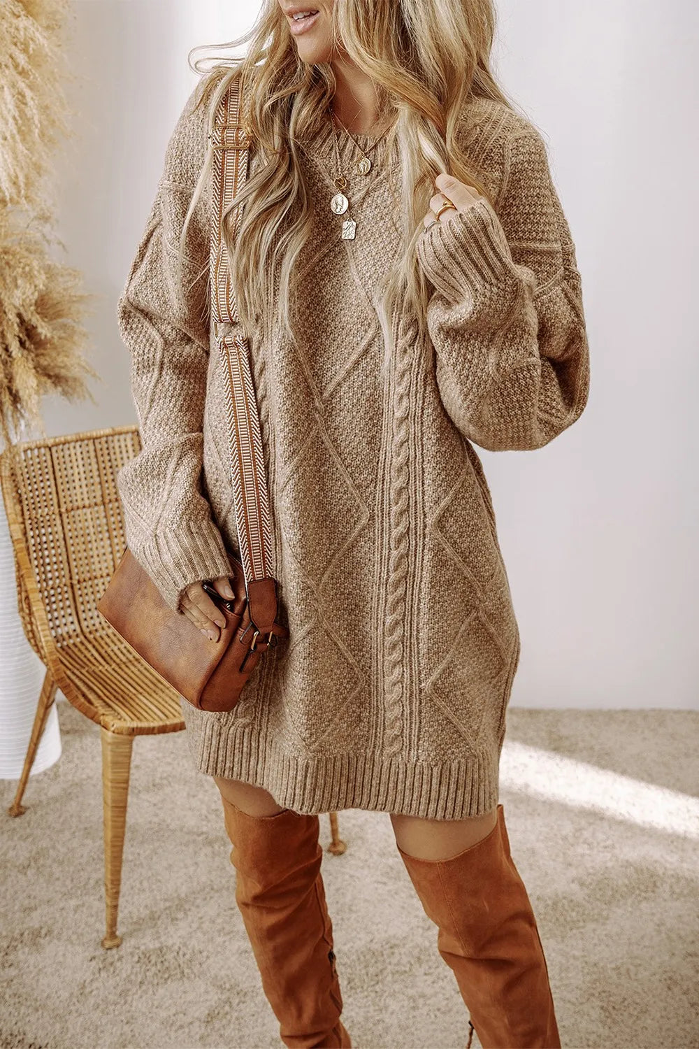 Cable-Knit Round Neck Sweater Dress 