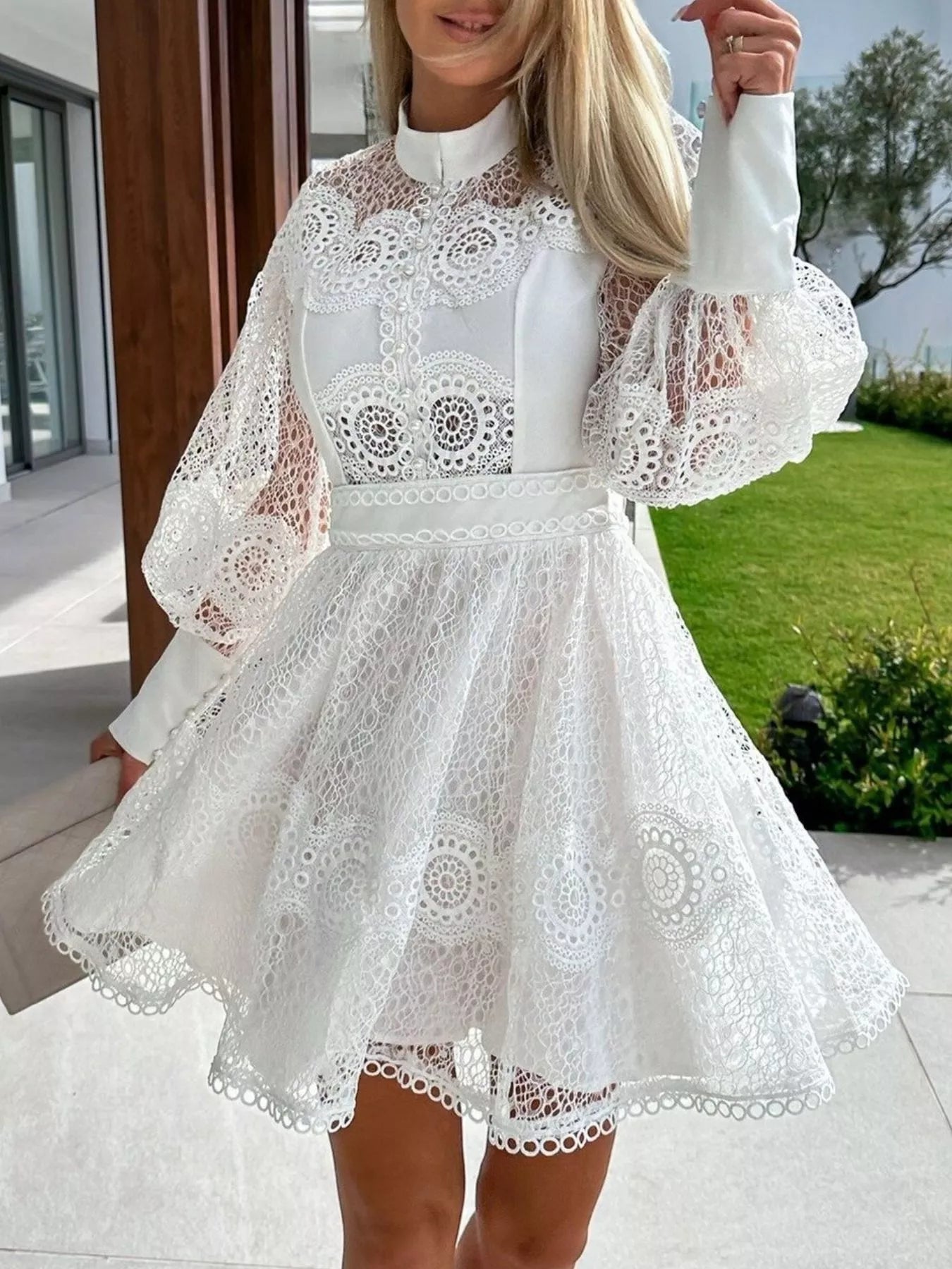 Lace Lantern Sleeve Mini Dress 