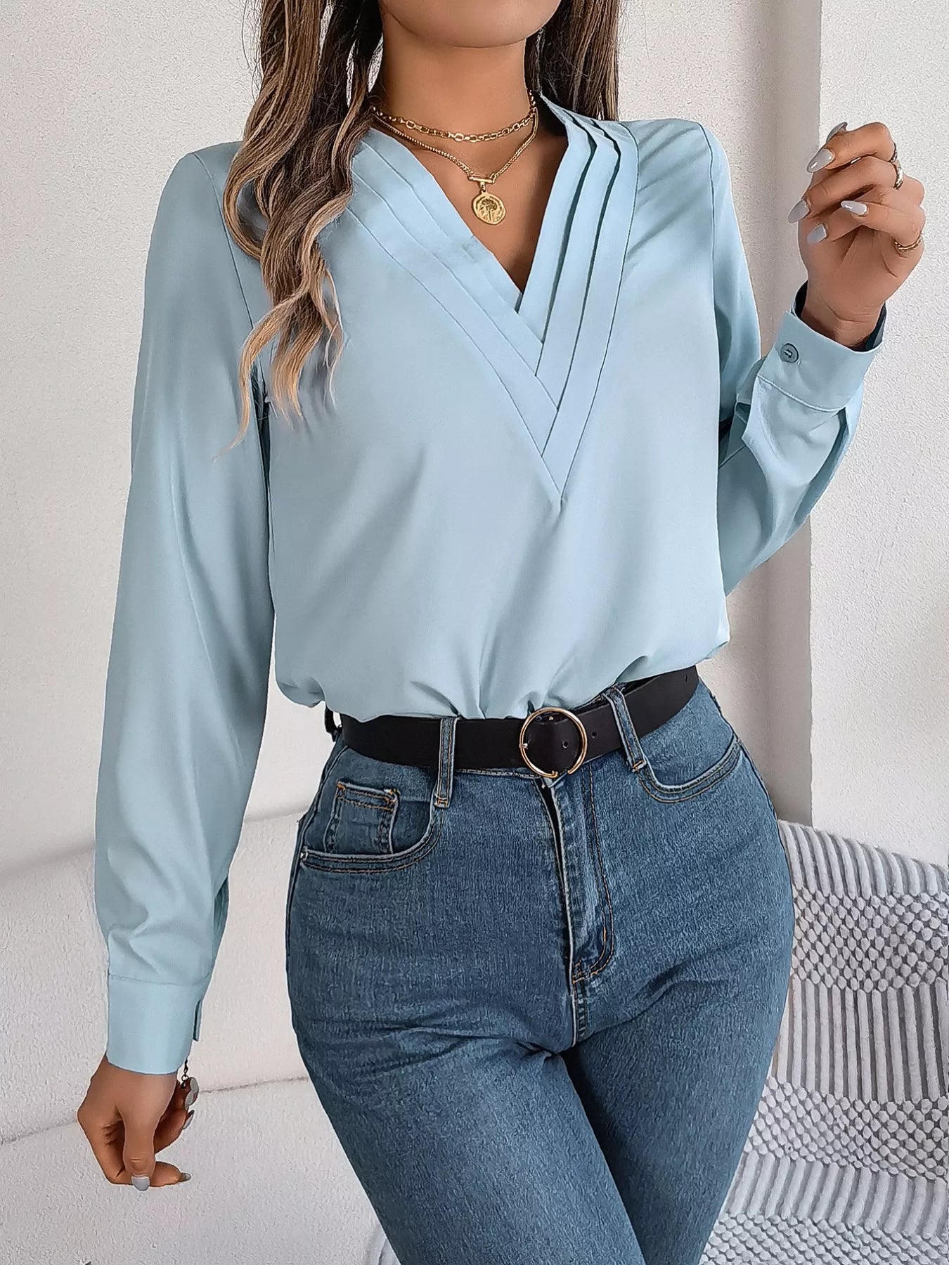 Layered V-Neck Long Sleeve Blouse 