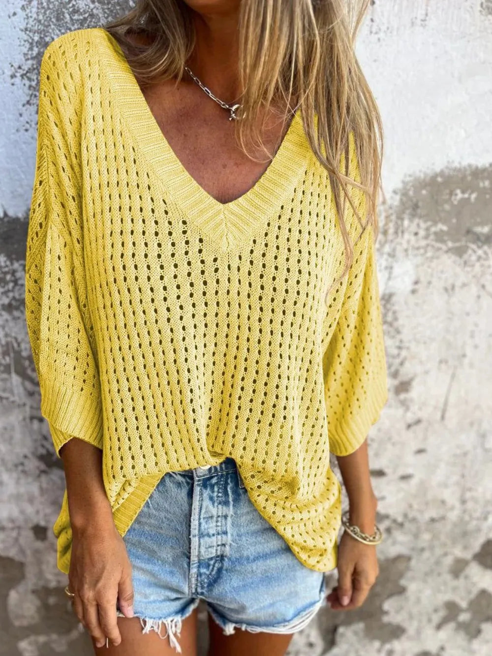 Full Size Openwork V-Neck Knit Cover Up Plus Size 