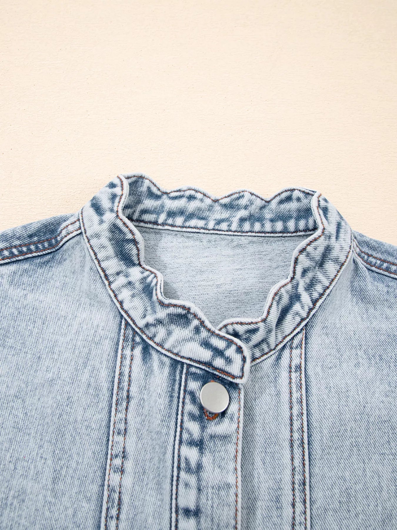 Scalloped Trim Patch Pocket Button Front Denim Vest 